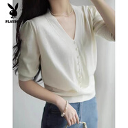 花花公子（PLAYBOY）V領(lǐng)針織衫女裝2025秋裝新款泡泡袖中袖百搭顯瘦針織毛衣上衣T恤女 白色 L