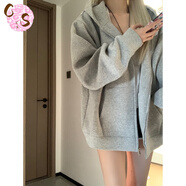 CS.LION2025年美式衛(wèi)衣外套女春秋冬季寬松休閑運(yùn)動(dòng)灰色連帽拉鏈開衫上衣 花灰色衛(wèi)衣外套   加絨 L 110-125斤