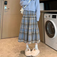 花花公子（PLAYBOY）藏青色蛋糕裙女秋冬高腰顯瘦日系復古a字中長(cháng)款毛呢格子半身裙子 藍色格-松緊腰-毛呢面料 S