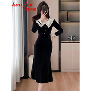 蔻伊婭（Kouyiya）品牌女裝新品復古赫本風(fēng)黑色絲絨晚禮服連衣裙女裝金絲絨魚(yú)尾裙 黑色 M
