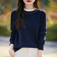 香影芬針織衫女赫本風氣質(zhì)蕾絲木耳領毛衣女立領釘珠假兩件打底衫女上衣 藏藍色 4XL (建議150-165斤)