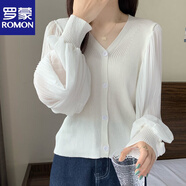 羅蒙（ROMON）官方大碼拼接雪紡針織衫韓版秋季胖妹妹修身顯瘦薄款開(kāi)衫毛衣上衣 白色 3XL 【150-175斤】