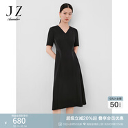 玖姿·安娜蔻簡約優(yōu)雅clean fit拼接收腰小V領(lǐng)連衣裙女2024夏款 素黑 XL