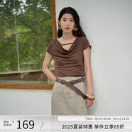 阿依蓮【商場同款】氣質(zhì)蕩領(lǐng)短袖t恤女夏季2025新款V領(lǐng)設(shè)計(jì)感顯瘦上衣 茶色 奶茶咖 S