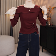 世溪搭配半身裙的上衣洋氣百搭款秋季大碼氣質(zhì)一字肩長(cháng)袖T恤女裝胖MM 紅色【今年流行/超火減齡】 L 建議100-118斤