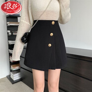 浪莎（LangSha）黑色毛呢半身裙女秋冬季2025新款呢子高腰百褶裙顯瘦a字包臀短裙 黑色.【西裝面料】 薄款 M 建議【95-105斤】