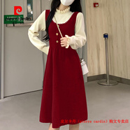 皮爾卡丹（pierre cardin）品牌高檔輕奢法式假兩件紅色針織小香風(fēng)連衣裙女秋冬大碼內搭半高 品牌高端新品-紅色【版】 M 【80-100斤】