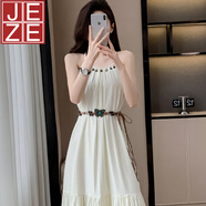 JEZE波西米亞吊帶連衣裙女兩件套裝女夏季新款法式超仙森系套裝 吊帶裙(含腰帶) L