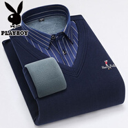 花花公子（PLAYBOY）假兩件長(cháng)袖T恤秋冬季毛衣加絨加厚中青年保暖套頭毛衫V領(lǐng)針織襯衫 藏青色V領(lǐng) 【平板加絨】【收藏加購優(yōu)先發(fā)貨】 加厚 L 【建議100-125斤】