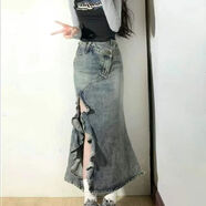 云拿月高腰魚尾牛仔短裙女韓版新款荷葉邊寬松顯瘦a字半身裙中長 藍色 S