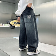 愛 西娜男大童秋季牛仔褲2025新款童裝中大童春秋款寬松純色初中生闊腿褲 圖片色 120