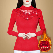 冰悅詩秋冬裝新款半高領(lǐng)蕾絲顯瘦網(wǎng)紗加絨加厚打底衫女長袖紗衣小衫上衣 大紅加絨款 XL 建議110-120斤