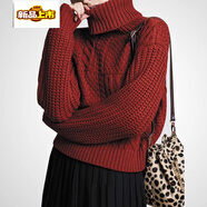初徑法式復古藏青色粗線(xiàn)高領(lǐng)麻花毛衣女冬季加厚感套頭針織衫上衣 紅色設計感 M