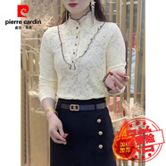 皮爾卡丹蕾絲加絨加厚打底衫女秋冬2025木耳邊拼接長(cháng)袖時(shí)尚洋氣T恤小衫潮 米黃色木耳邊加絨 3XL 建議119～128斤