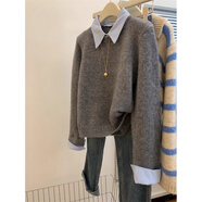 以純（YISHion）灰色假兩件polo襯衫領(lǐng)內搭毛衣女秋冬短款慵懶風(fēng)寬松打底針織上衣 灰色毛衣 S 建議75-95斤