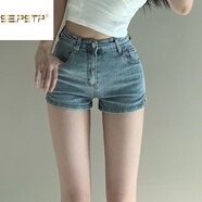 夏典素訂女王（SE.PSTP）歐美辣妹緊身牛仔短褲女夏季彈力高腰小個(gè)子大碼包臀熱褲超短褲子 淺藍色 高質(zhì)量版 S 建議 88-100斤