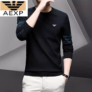 AX阿瑪尼輕奢羊毛衫男士針織衫長(cháng)袖T恤圓領(lǐng)秋冬加厚羊.絨毛衣打底衫 黑色 春秋 薄款 3XL 185