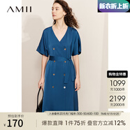 AMII中秋好禮2025夏季極簡(jiǎn)輕奢緞面V領(lǐng)雙排扣微彈中長(cháng)配腰帶連衣 午夜藍 155/80A/S