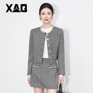 XAQ高端毛呢套裝女秋冬名媛氣質(zhì)精致千金小香風(fēng)羊毛連衣裙外套配半裙 灰色 S