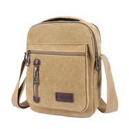 小安熊新款男士帆布包斜挎包韓版手機包小包包豎款男運動(dòng)包多層次男包 卡其色