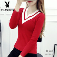 花花公子（PLAYBOY）2025秋季新款,潮流女上衣v領(lǐng)韓版修身,毛衣,長(cháng)袖。 紅色 S 建議體重   75-85