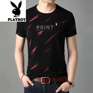 花花公子（PLAYBOY）棉t恤男士圓領(lǐng)印花衫半袖中青年打底衫潮流修身夏 821火苗黑色【短袖】 M 165建議95-120斤