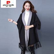 皮爾卡丹（pierre cardin）年冬秋新款披肩毛衣女裝針織開(kāi)衫中長(cháng)款百搭斗篷式蘇流外套女 黑加灰 M 85-105