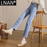 LNAN高腰九分牛仔褲女2025夏秋新款韓版寬高腰修身顯瘦小個(gè)子八分褲 直筒鎖邊淺藍色八分[HK] 28 _建議83-90斤