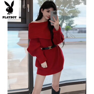 花花公子（PLAYBOY）新品法式感氣質(zhì)名媛打底毛衣裙女秋冬新款小個(gè)子露肩針織連衣裙 紅色-旗艦款 M _建議95-105斤