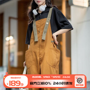 馬登女裝 美式復古減齡寬松背帶褲大口袋直筒寬松吊帶連體工裝長(cháng)褲卡其黃 馬登工裝L
