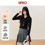 SPAO德絨V領連帽打底衫男女2025年冬季修身軟糯親膚上衣SPCX25AD03XY 黑#純色 M