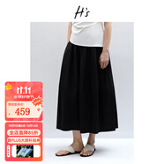 H's高支高密全棉半身裙女25夏新款A字傘裙抽繩松緊腰通勤花苞腰裙 黑色 M