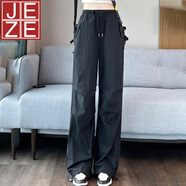JEZE美式速干工裝褲2025春夏季薄款新款運動(dòng)運動(dòng)褲寬松休閑褶皺高腰 黑色/加長(cháng)/工裝褲】 XL 115-130斤