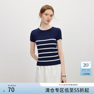 范思藍恩條紋圓領(lǐng)短袖針織衫t恤女夏季2025新款后背鏤空上衣2698 藏青 S