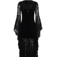 COMIC SOUL萬(wàn)圣節服飾哥特風(fēng)穿搭蝙蝠袖連衣裙女巫cos女裝長(cháng)裙蕾絲裙子 黑色連衣裙【不包含項鏈頭巾】 S