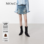 MO&Co.牛仔短裙夏航海趣味個(gè)性涂鴉洗磨剪邊高腰手工袋邊破洞摩安珂 牛仔藍色 S 160