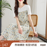 熙世界（sllsky）假兩件碎花連衣裙女2025夏季新款短袖圓領(lǐng)不規(guī)則荷葉邊裙子 橄欖石綠 M