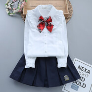 童短裙寶寶半身裙淑百褶裙孩公主裙子演出服春秋韓版童裝 長(cháng)袖襯衫+純藏青裙+紅格領(lǐng)花 120 碼建議身高cm