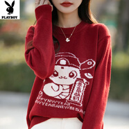 花花公子（PLAYBOY）2025冬季新款百搭圓領(lǐng)加厚毛衣女新年紅氣質(zhì)顯瘦感保暖針織衫 紅色 XL