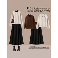 艾美琦美（AIMEIQIMEI）大碼女裝秋冬季2025新款小香風(fēng)韓劇穿搭三件套遮肉顯瘦連衣裙套裝 【秋冬款】杏色外套+德絨咖色打底+黑色毛呢裙 XL [建議120-140斤]