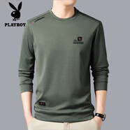 花花公子（PLAYBOY）純棉衛衣男士2025秋冬季新款圓領(lǐng)套頭內搭休閑體恤衫男秋衣 長(cháng)袖608灰綠 薄款 M 165建議90-120斤