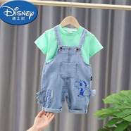 迪士尼（Disney）2025夏季新款兒童牛仔背帶褲套裝1-5歲寶寶洋氣兩件套男童七分褲2 綠色 牛仔背帶褲套裝 120cm 可開檔