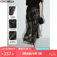 COCOBELLA[浮金碎影]新中式燙金網(wǎng)紗半身裙夏開(kāi)叉長(cháng)裙HS0028 黑金 L