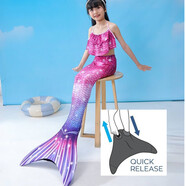 兒童美人魚泳衣演出泳裝三件套魚尾巴大中小女童公主裙比基尼服裝 木槿（上衣+短褲+尾巴+腳蹼） S （3-5歲）