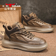公牛世家男鞋秋季新款潮流軟底舒適運動(dòng)板鞋男士休閑鞋厚底皮面老爹鞋子男 卡其【四季款單鞋】GN124105191 41 (標準運動(dòng)碼)