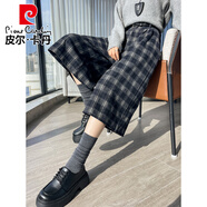 皮爾卡丹藍色毛呢子七分褲女秋冬2025新款小個(gè)子寬松直筒格子褲休閑闊腿褲 藍格 L 建議110-120