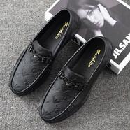 森馬豆豆男鞋2025新款春秋休閑皮鞋黑色百搭舒適套腳 黑色 39 標準運動(dòng)鞋尺碼