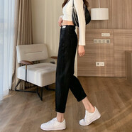 丹仔 高腰牛仔褲女寬松哈倫褲春秋2023年新款顯瘦復(fù)古老爹蘿卜褲子 黑色 27碼 二尺