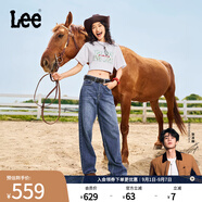 Lee【張凌赫代言】中藍色水洗428懶懶褲高腰女顯瘦寬腿牛仔褲潮流 中藍色1 30