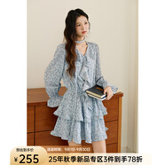 謎秀碎花連衣裙牛仔馬甲套裝女秋季V領(lǐng)荷葉邊泡 藍(lán)色  連衣裙 S